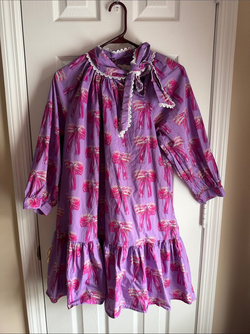 Womens Purple Bow-Print Ruffle Dress